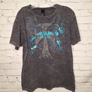 Alternative Vintage Black Tye Dye Metallic Blue Graphic Moral Art Cross Large